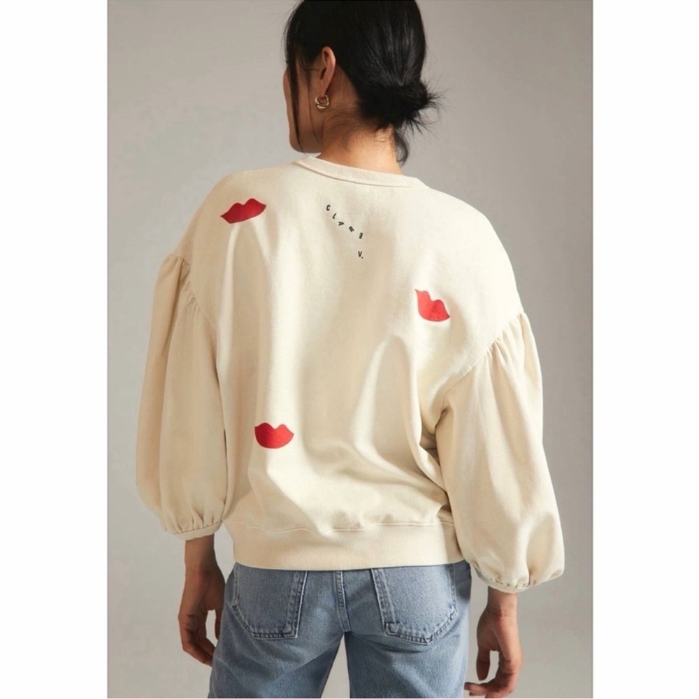 Clare V. Cream Drop Shoulder Lips Sweatshirt Size Small - Picture 2 of 7